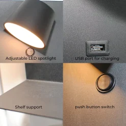 Alpinaluz Applique Murale Intérieure<Applique LED en Aluminium Noir Orientable de 6W 2800K avec Interrupteur Base de Charge Grande et Port USB.