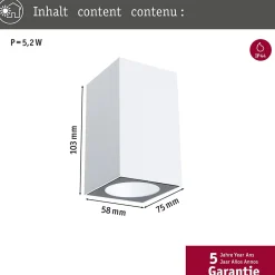 Best Paulmann Applique LED Flame favorable aux insectes IP44 carré 58x103mm 2200K 4W 265lm 230V 75 Blanc Métal