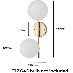 Alpinaluz Applique Murale Pour Chambre|Applique Pour Salon<Applique Murale en Acier avec Fini en Laiton et 2 Boules en Cristal Givré OLIVIA E27