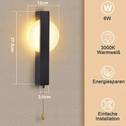 Best Nettlife Applique murale LED avec interrupteur - Lampe de couloir d'intérieur noire avec interrupteur à tirette