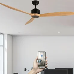 Best Fanelite - Ventilateur de plafond 164 cm noir et bois LIFOU - Moteur DC 35W - Télécommande - Wifi - Très silencieux