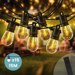 Best Skylantern Guirlande Guinguette IP65 LED 15M 15 Bulbes Filament Allongé Dimmables Avec Télécommande