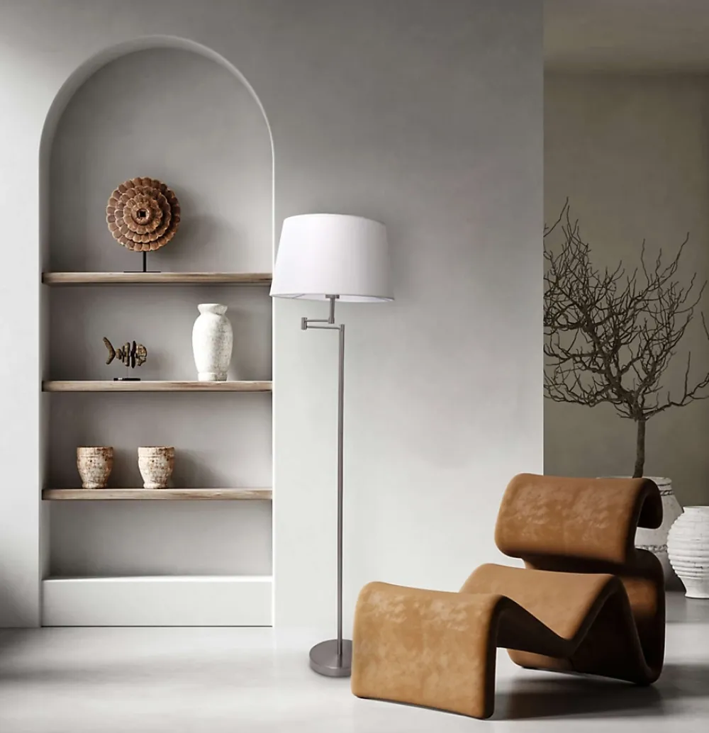 Best Näve Lampadaire 'BOLOGNA' hauteur 158 cm en métal en nickel satiné, abat-jour textile beige, E27