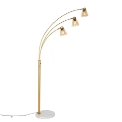 Best Qazqa Lampadaire en arc bronze avec marbre et verre ambre 3 lumières - Nina