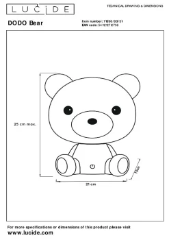 Outlet Lucide Lampe de table DODO BEAR en abs avec LED intégré - Blanc -