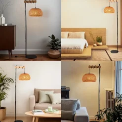 Alpinaluz Lampadaire Intérieur<Lampe sur pied en bois et rotin avec abat-jour en bambou Ylva interrupteur au pied et design moderne pour salon ou cuisine E27