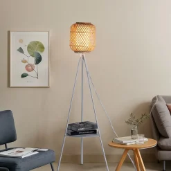Alpinaluz Lampadaire Intérieur<Lampe sur pied trépied en aluminium avec abat-jour en bambou et diffuseur avec plateau pour salon chambre E27