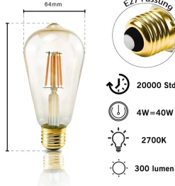 Sale Nettlife Lot de 6 ampoules LED E27 blanc chaud ampoules Edison rétro 2200K ST64 lampe antique économie d'énergie 4W