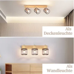 Sale Nettlife Plafonnier 3 Spots noir aspect bois - plafonnier E14,4 ampoules max 25w moderne pour salon chambre cuisine.