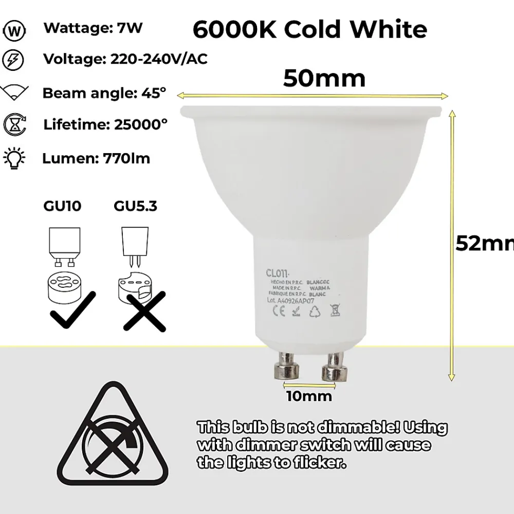 Alpinaluz Ampoule Pour Spot|Ampoule Gu10<Pack de 10 Ampoules LED GU10 7W 45 SMD2835 665lm 220V 6000K Blanc Froid Sans Scintillement