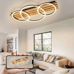 Sale Nettlife Plafonnier LED en bois à intensité variable : 70 cm, lampe de salon, 46 W, 3 anneaux, noir avec télécommande