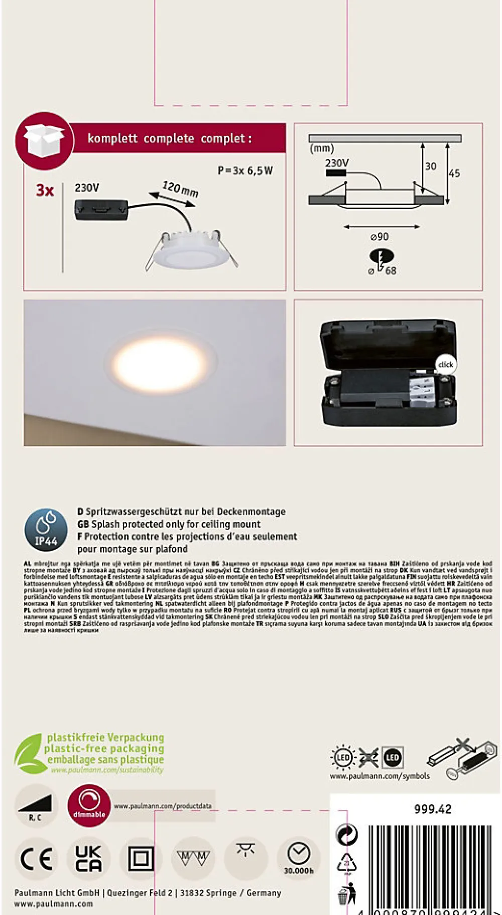 Best Paulmann Premium Spot encastré LED Dim to Warm Suon Kit de base IP44 rond 90mm 3x5W 3x450lm 230V gradable Dim to warm Satiné Blanc