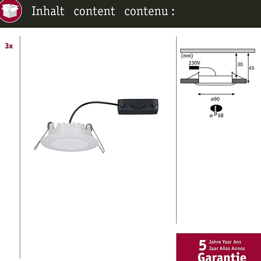 Best Paulmann Premium Spot encastré LED Dim to Warm Suon Kit de base IP44 rond 90mm 3x5W 3x450lm 230V gradable Dim to warm Satiné Blanc