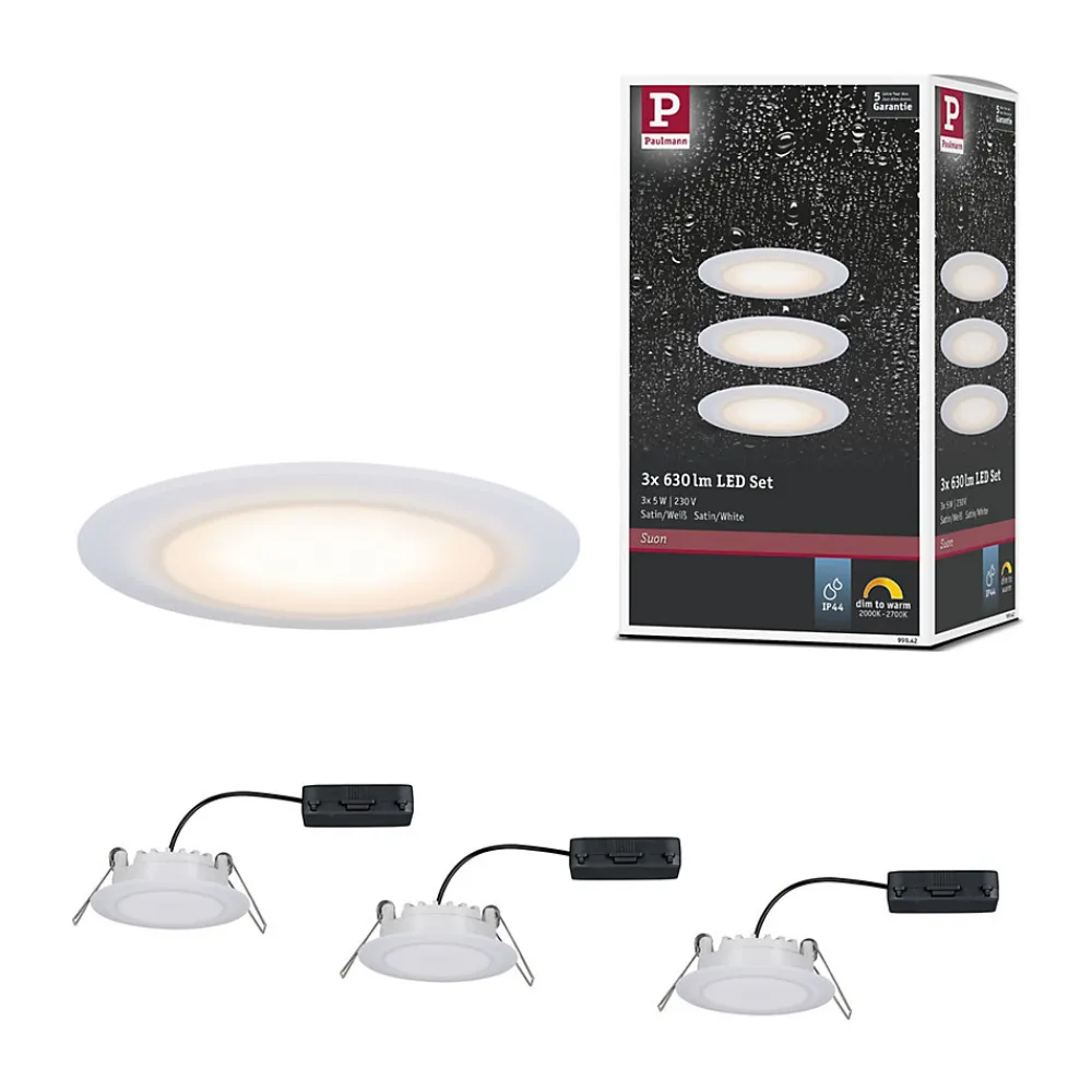 Best Paulmann Premium Spot encastré LED Dim to Warm Suon Kit de base IP44 rond 90mm 3x5W 3x450lm 230V gradable Dim to warm Satiné Blanc