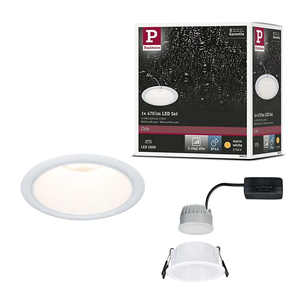 Best Paulmann Spot encastré LED 3-Step-Dim Cole Coin Kit de 1 IP44 rond 88mm Coin 6W 470lm 230V gradable 2700K Blanc