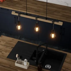 Best GoodHome Suspension 3 lampes noir et effet bois E27 28W L.77 x 110 cm Hornero