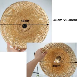 Alpinaluz Suspension Circulaire en Rotin et Bambou 38cmx20cm Double Abat-Jour, Style Naturel Minimaliste Noir E27