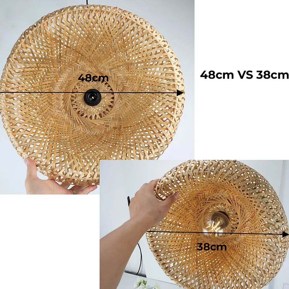Alpinaluz Suspension Circulaire en Rotin et Bambou 38cmx20cm Double Abat-Jour, Style Naturel Minimaliste Noir E27