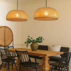 Alpinaluz Suspension Circulaire en Rotin et Bambou 38cmx20cm Double Abat-Jour, Style Naturel Minimaliste Noir E27