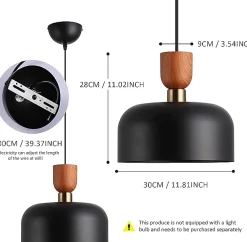 Alpinaluz Suspension Pour Salon|Suspension Et Lustre<Suspension Moderne Nordique 30cm Métal Noir Effet Bois, Hauteur Réglable, Douille E27, Cuisine ou Salle à Manger