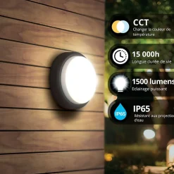 Xanlite Applique Murale Intérieure<- Hublot LED rond noir, 1500 Lumens, CCT, Blanc chaud, Blanc neutre, Blanc froid - HUB850RNIPCCT