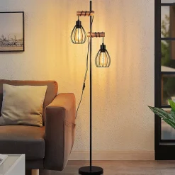 Best zmh Lampadaire Salon Noir Lampadaire sur pied Vintage lampadaire Bois 2 luminaire E27 152cm Avec Interrupteur