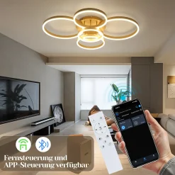 zmh Plafonnier Pour Chambre|Plafonnier Pour Cuisine<Plafonnier LED Plafonnier Salon 78w Avec Télécommande 5 Anneaux Lampe De Chambre Dorée