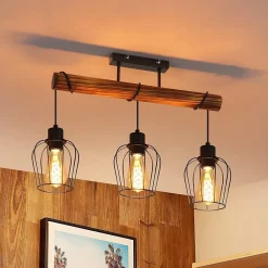 zmh Plafonnier Pour Chambre|Plafonnier Pour Cuisine<Plafonnier Rétro Vintage 3 Flammes Bois Réglables Hauteur Métal Noir E27