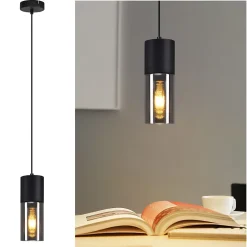 zmh Suspension Et Lustre<Suspension 1 Lumière Noir E27 Abat-jour En Verre Fumé Gris Industrielle Lampe à Suspendre